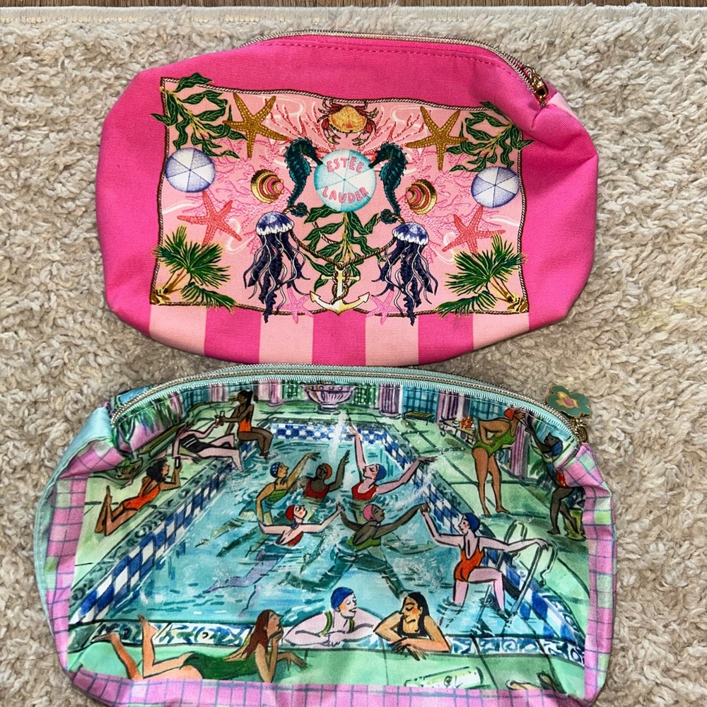 Estee Lauder Pink and Blue Artistic Cosmetic Bags set of 2
